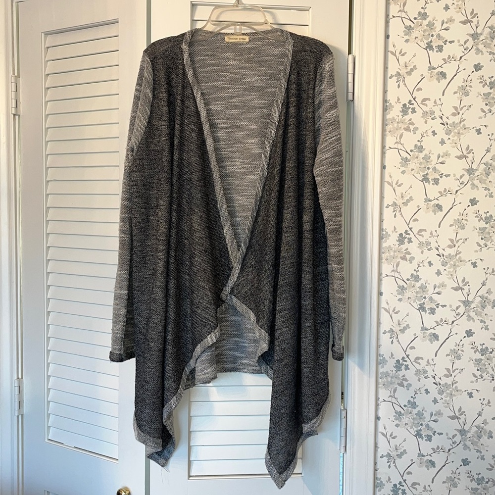 2-tone gray sweater, wrap front